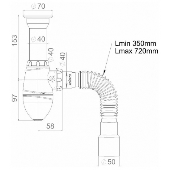 Сифон для раковины UNICORN А120  1 1/2"*40 литой выпуск, с гофрой 40*40*50 