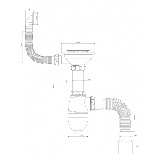 Сифон для раковины UNICORN B425  3 1/2"*40 с прямоугольным переливом с гофрой 40*40*50