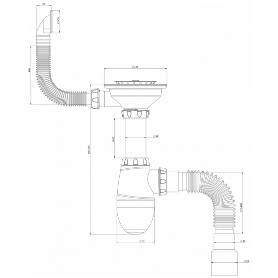 Сифон для раковины UNICORN B425P  3 1/2"*40 с прямоугольным переливом с гофрой 40*40*50 