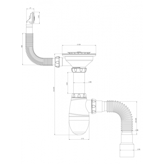 Сифон для раковины UNICORN B426  3 1/2"*40 с круглым переливом, с гофрой 40*40*50 