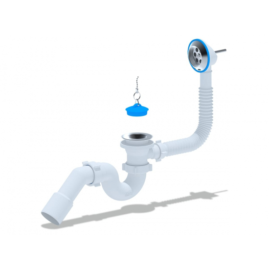 Сифон для ванны АНИ-ПЛАСТ 1 1/2"*40*50 с выпуском и переливом с переходной трубой 45° 40/50 Е151