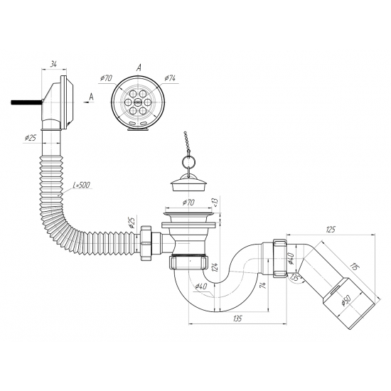 Сифон для ванны АНИ-ПЛАСТ 1 1/2"*40*50 с выпуском и переливом с переходной трубой 45° 40/50 Е151