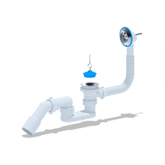 Сифон для ванны АНИ-ПЛАСТ 1 1/2"*40*50 с выпуском переливом и переходной трубой 45° 40/50 E051