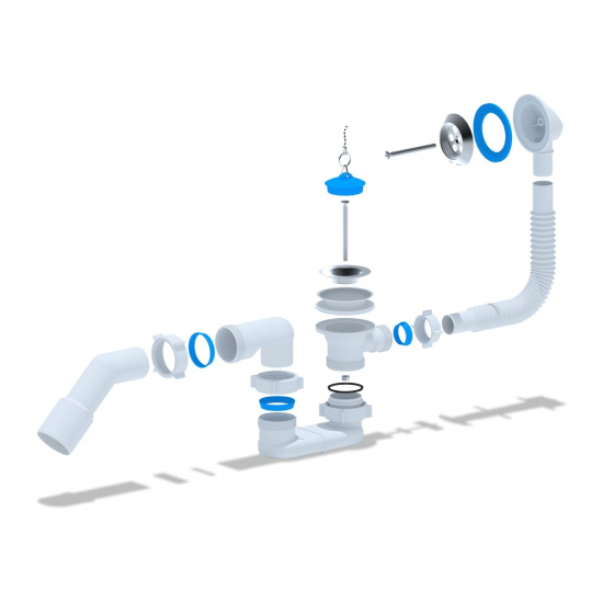 Сифон для ванны АНИ-ПЛАСТ 1 1/2"*40*50 с выпуском переливом и переходной трубой 45° 40/50 E051