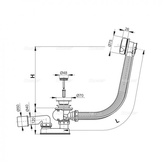 Сифон для ванны автомат ALCA PLAST  A51B белый пластик / металл