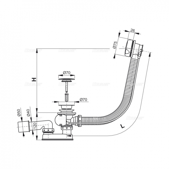 Сифон для ванны автомат ALCA PLAST  A51BM белый пластик / пластик
