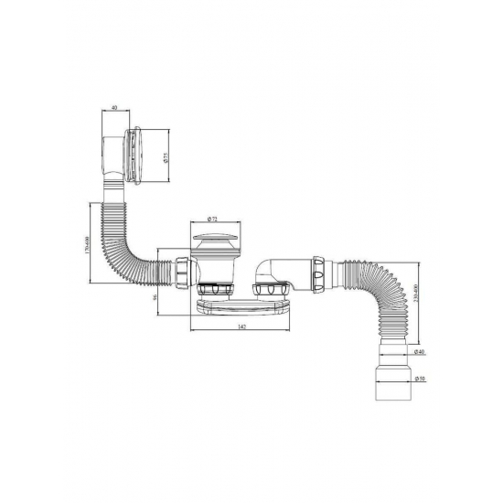 Сифон для ванны UNICORN 1 1/2"*40 Click-Clack с гофрой 40*40/50, перелив 40 см S122E 