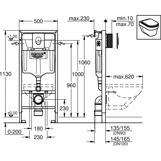 Система инсталляции для унитазов GROHE 38750001 Rapid SL 4 в 1 с овальной кнопкой смыва