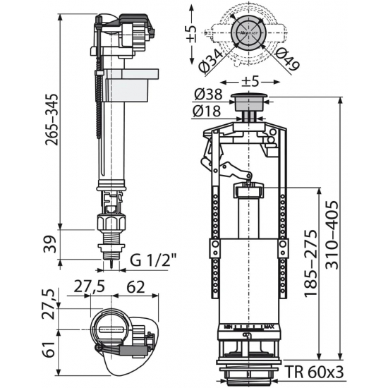 Сливной механизм ALCA PLAST SA2000S 1/2" CHROM хром нижняя подводка