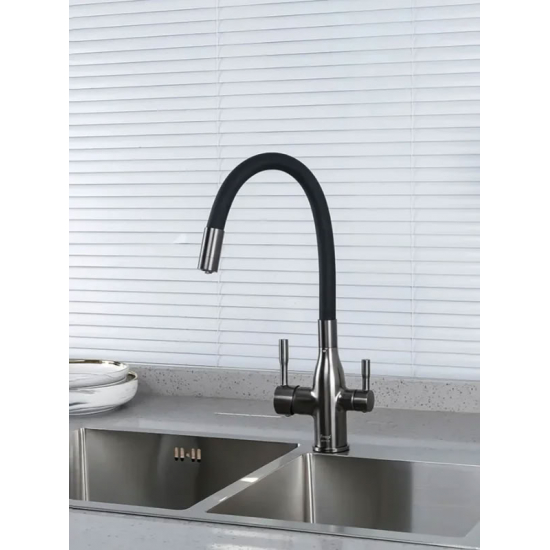 Смеситель для кухни FRAP F4396-15 с краном для питьевой воды, оружейная сталь