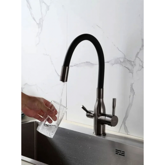 Смеситель для кухни FRAP F4396-15 с краном для питьевой воды, оружейная сталь