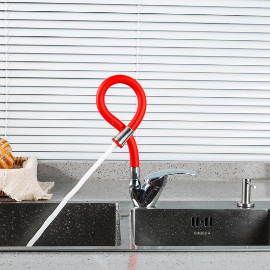 Смеситель для кухни FRUD R055 R40055-4 с гибким изливом, хром/красный