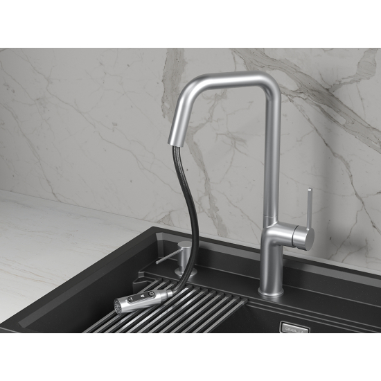 Смеситель для кухни GRANULA 9011 с вытяжным изливом, с подключением к фильтру, нерж