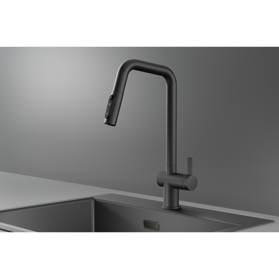 Смеситель для кухни GRANULA KS-7273 с вытяжным изливом, с подключением к фильтру, графит матовый