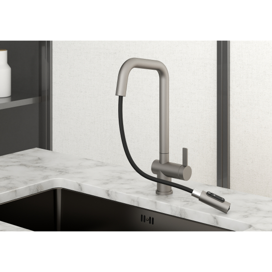 Смеситель для кухни GRANULA KS-7273 с вытяжным изливом, с подключением к фильтру, сталь матовая