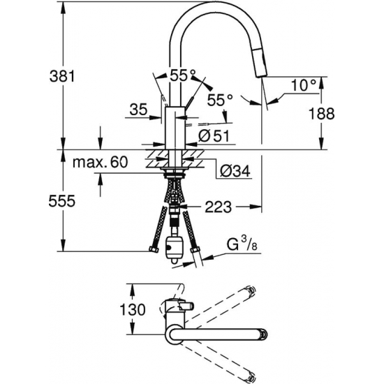 Смеситель для кухни GROHE Eurosmart Cosmopolitan 31481001 с вытяжным изливом, хром