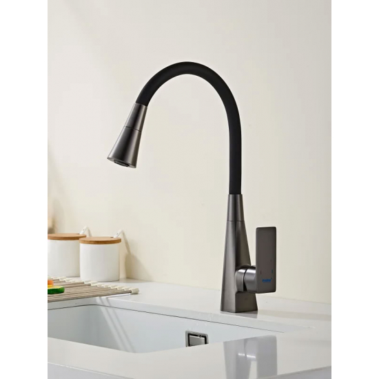 Смеситель для кухни HAIBA HB73823-3 с гибким изливом, чёрный/оружейная сталь