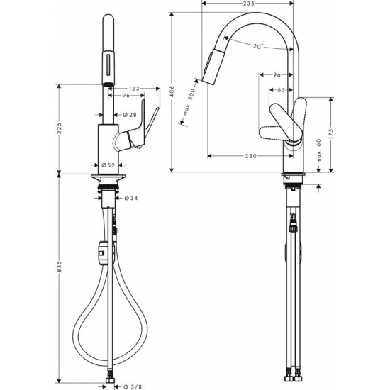 Смеситель для кухни HANSGROHE Focus M41 240 с вытяжным изливом, чёрный