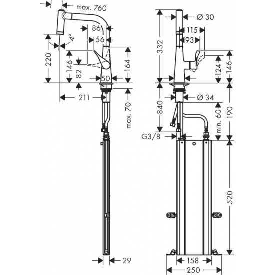 Смеситель для кухни HANSGROHE Metris M71 220 с вытяжным изливом, хром