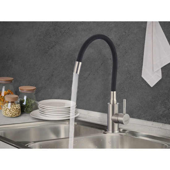 Смеситель для кухни из нержавеющей стали с гибким изливом SAVOL SUS6002-01 сатин/чёрный