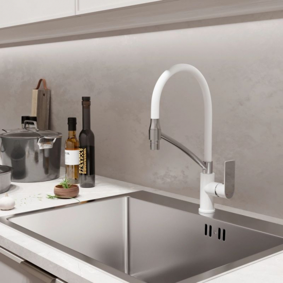 Смеситель для кухни MIXLINE Plus City White ML33-108 с гибким изливом, белый/хром