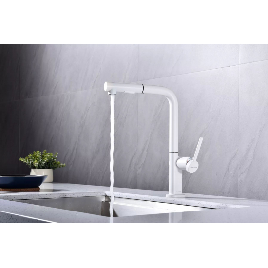 Смеситель для кухни PAULMARK Neo с вытяжным изливом, белый матовый