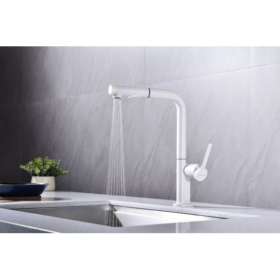 Смеситель для кухни PAULMARK Neo с вытяжным изливом, белый матовый