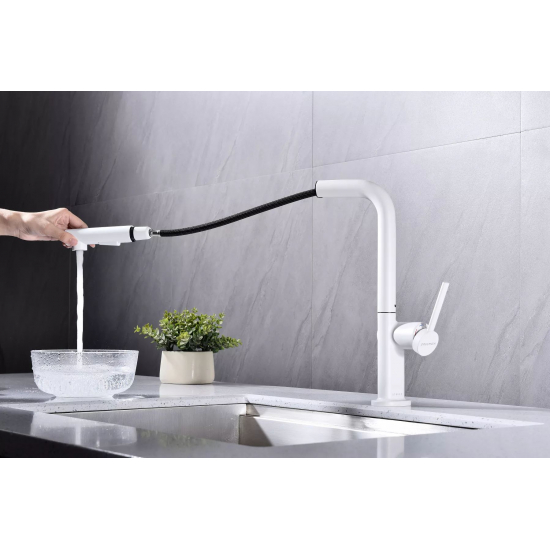 Смеситель для кухни PAULMARK Neo с вытяжным изливом, белый матовый