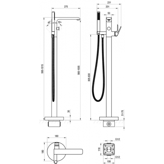 Смеситель для ванны напольный RAVAK Flat FL 080.20BL.RB07A С ВНУТРЕННЕЙ ЧАСТЬЮ, чёрный