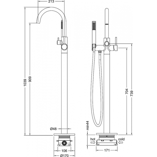 Смеситель для ванны напольный TIMO Saona 2310/18Y-CR С ВНУТРЕННЕЙ ЧАСТЬЮ, чёрное золото