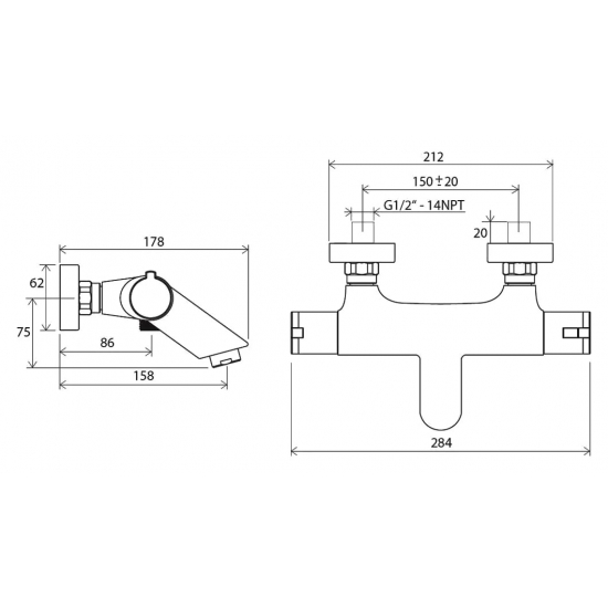 Смеситель для ванны RAVAK Termo 100 TE 022.00/150 с термостатом, хром