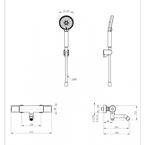 Смеситель для ванны WONZON & WOGHAND Inn 2, WW-A2006-A1-BGG с термостатом, тёмный графит