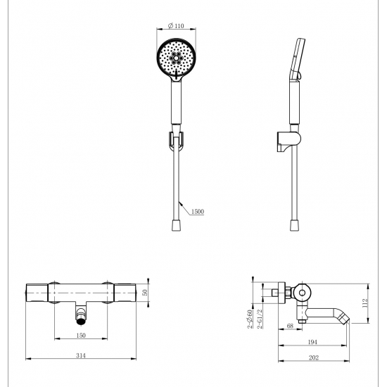Смеситель для ванны WONZON & WOGHAND Inn 2, WW-A2006-A1-MW с термостатом, матовый белый