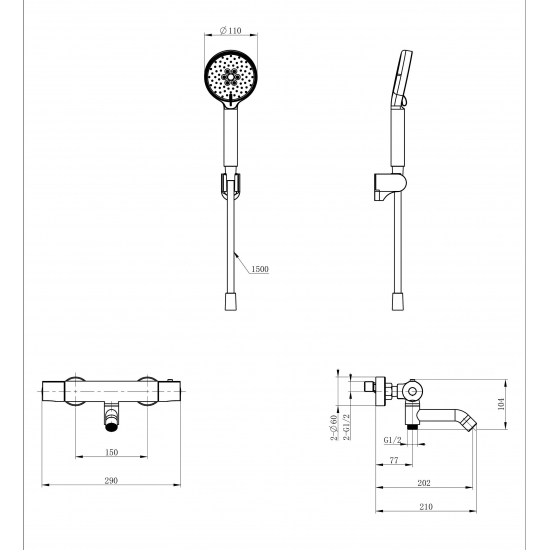 Смеситель для ванны WONZON & WOGHAND WW-B3029-A1-MB с термостатом, матовый чёрный