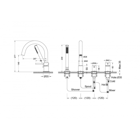 Смеситель на борт ванны AQUATEK Европа AQ1348CR на 4 отверстия, хром