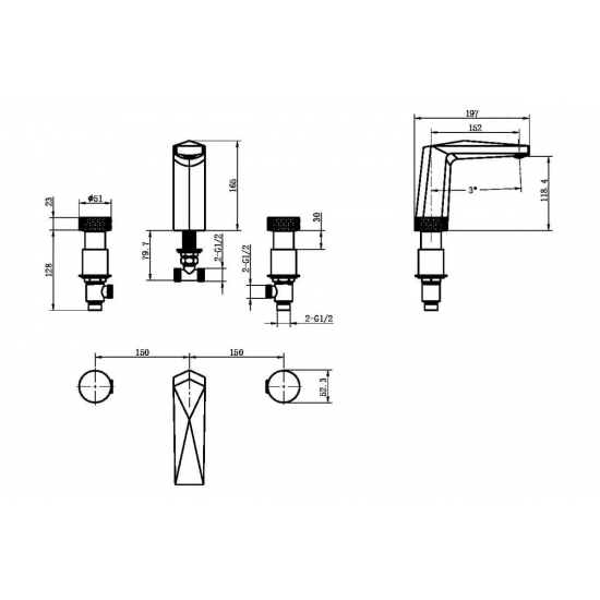 Смеситель на борт ванны BOHEME Venturo 150-SGM-DIAMOND оружейная сталь глянцевая