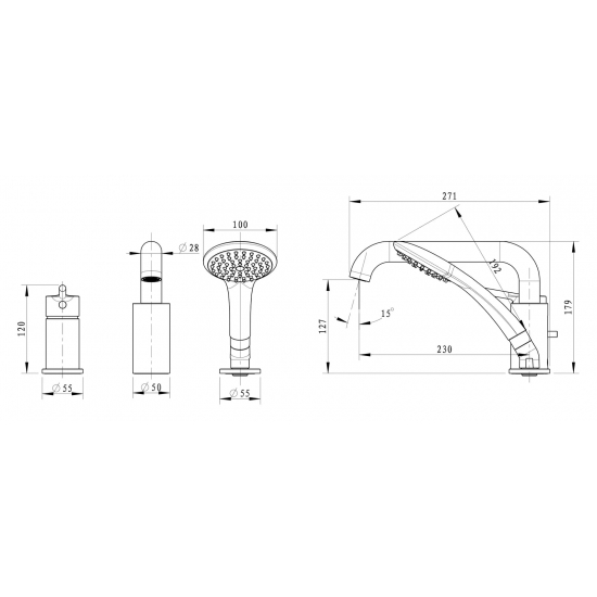 Смеситель на борт ванны BRAVAT Angel F5172217CP-1-RUS на 3 отверстия