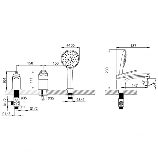 Смеситель на борт ванны LEMARK Luna LM4145C на 3 отверстия, хром 
