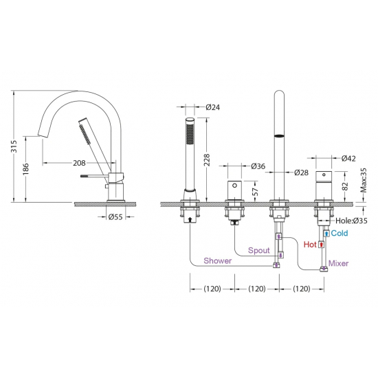 Смеситель на борт ванны TIMO Saona 2320/00Y на 4 отверстия, хром