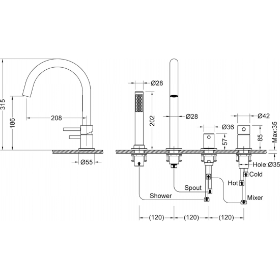 Смеситель на борт ванны TIMO Saona 2320/17Y на 4 отверстия, золото