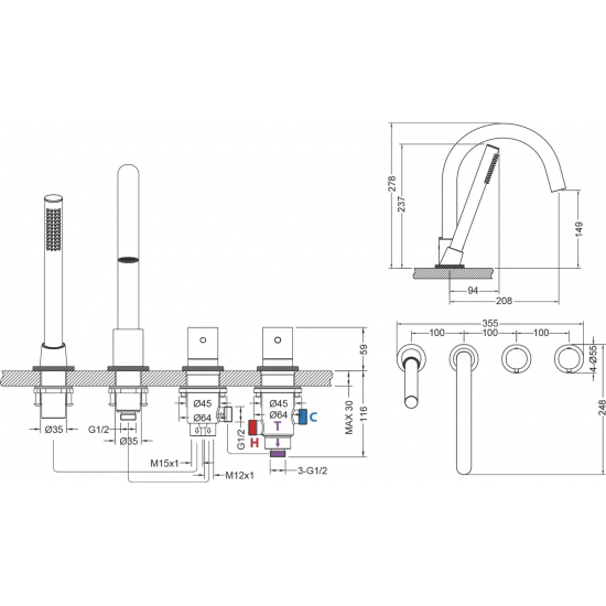 Смеситель на борт ванны TIMO Saona 2330/00Y с термостатом, на 4 отверстия, хром