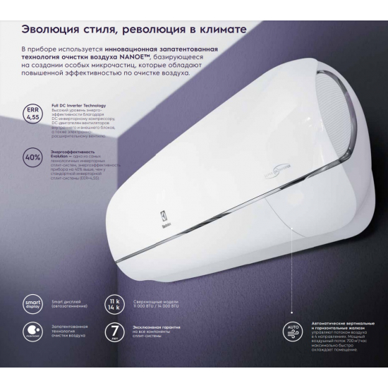 Сплит-система ELECTROLUX Evolution Super DC Inverter EACS/I-14HEV/N3 инверторного типа комплект