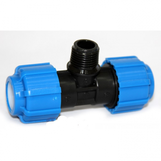 Тройник полиэтиленовый ТПК-АКВА 25х1/2''х25 с наружней резьбой обжимной на трубу 51251225