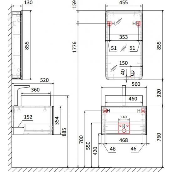 Тумба c раковиной RAVAL Pure 56 подвесная