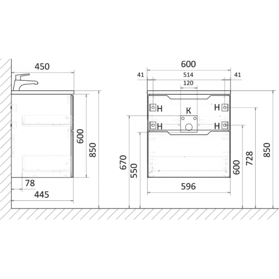Тумба c раковиной RAVAL Wector 60, подвесная, антрацит
