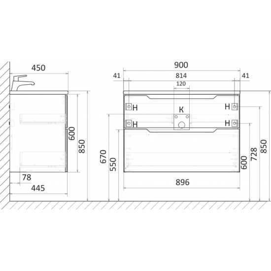 Тумба c раковиной RAVAL Wector 90, подвесная, антрацит