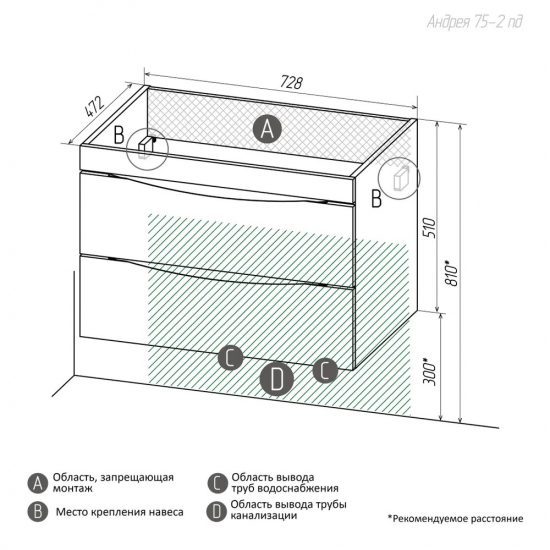 Тумба для комплекта AURA Андрея 75-2 пд подвесная, белая