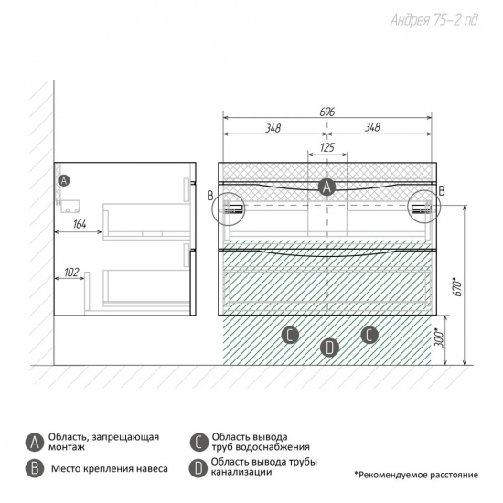 Тумба для комплекта AURA Андрея 75-2 пд подвесная, белая