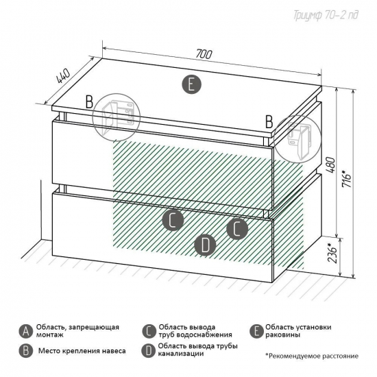 Тумба для комплекта AURA Триумф 70-2 пд подвесная, славянский дуб 