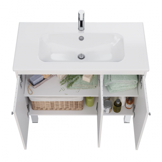 Тумба для комплекта LEMARK Romance 100, 3 дверцы, белый глянец, под раковину Эйфория 100